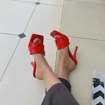 2020 Primavara-Vara Femei Țese Sandale Diapozitive Piața Open Toe Stilet Tocuri Inalte Catâri Pantofi Papuci Petrecere De Moda Sandale