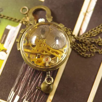 Mingea steampunk Ceas de Buzunar pentru barbati femei pandantiv de aur de mână vântul mecanice alama bronz Antic moda colier lanț xmas