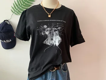 HAHAYULE-JBH Există Un Întreg Univers în Mintea Mea Femeile Artă Desen T-Shirt Tumblr Drăguț Estetice Grunge Negru Tee ' 90