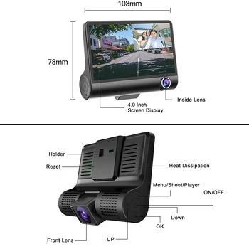 E-ACE B28 Dvr Auto 4 Inch 3 lentilă aparat de Fotografiat Dashcam FHD 1080P Auto Video Recorder Dash Cam Registrator cu Camera retrovizoare