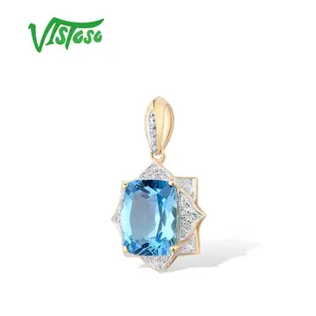 VISTOSO Aur Pandantiv Pentru Doamna Reale 14K 585 Aur Galben Radiant Topaz Albastru Diamant Spumant Delicat Aniversare Bijuterii Fine