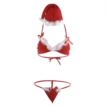 Crăciun 2 buc Set de Lenjerie Exotice Seturi 2020 Sexy Femei Pene Pacthwork Lenjerie de Dantelă Adânc V Exotice Rochie, Chilot G-string Set