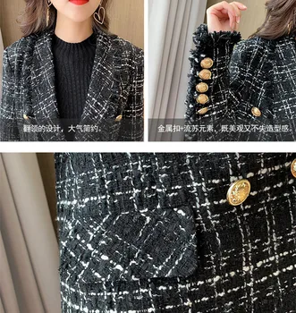 BLLOCUE Toamna Iarna Carouri Negru Sacou de Tweed Coat pentru Femei cu Maneci Lungi Ciucuri Ornamente Buzunare Lână Elegant Pista Jachete