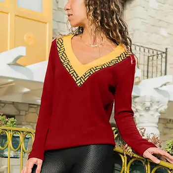 2019 Moda Sexy V-Neck Blusas Femei T-Shirt cu Maneci Lungi Mozaic Tricou Femei Îmbrăcăminte Pulover Topuri SJ1784C