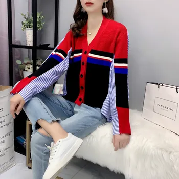 Coreea Style Femei Cardigan pentru Primavara Toamna cu Dungi Despicare Singur Pieptul Doamnelor Pulover Casual cu Maneci Lungi Tricotate Purta
