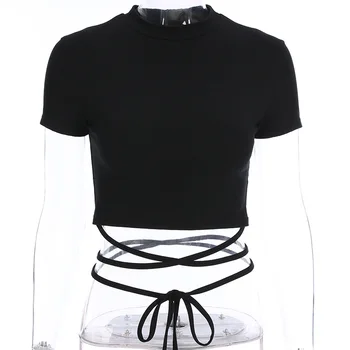 Bandaj Tricou Maneca Scurta Pentru Femei Talie Cross Wrap Top 2020 Negru Rotund Gat Cultură Tricouri Femei Chic De Vară Slim Fit T-Shirt