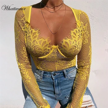 Whatiwear 2019 Neon Roz Dantelă Ochiurilor Body Femei Transparente sexy fierbinte teddies 2019 salopete femei adânc V pură bodysuit
