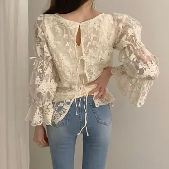 Coreeană Vintge Șifon Bluze Femei Flare Sleeve Printed Lace Camasi Femei Elegante Gât Subțire Cămăși Albe Blusas Mujer