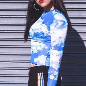 Moda De Vara Noi Cer Albastru Și Alb Nor Imprimate T-Shirt Sexy Buric Subțire De Sex Feminin Digital Print Mesh Transparent Tricou Pentru Doamna