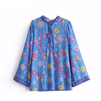 Vintage chic happie Femei păun florale imprimare cu mâneci lungi Boem tricou doamnelor liber raionul botton Boho bluza, tricouri