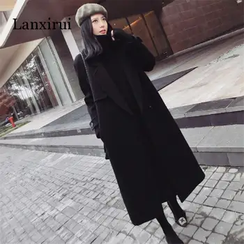 Femei de iarnă lână cașmir haina noua moda mediu timp liber haină de lână neagră subțire cu mâneci lungi de lână, îmbrăcăminte exterioară