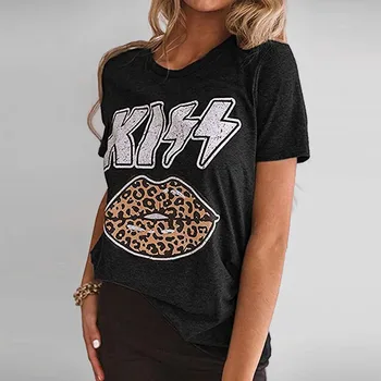 Vara cu Maneci Scurte T-shirt Adulți Creative Scrisoare de Imprimare Leopard Buza de Imprimare Guler Rotund Vrac Top Casual Cămașă de Bază