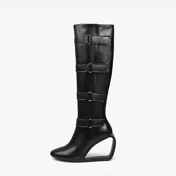 Negru de Femei Cizme Genunchi Ridicat cu Fermoar Spate Complet din Piele 8cm Ciudat Pantofi cu Toc Femeie Catarama Botas Mujer HL201 MUYISEXI
