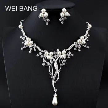 Weibang culoare Argintie Ramură Perle Colier Cercei de Nunta Set de Bijuterii Handmade, Accesorii de Mireasa pentru Femei Seturi de Bijuterii