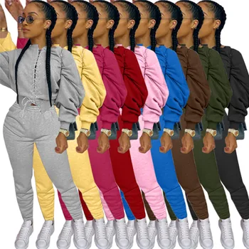 Adogirl Femei Solide Fleece Set De Două Piese Garnitură De Dantelă-Up Cu Maneca Lunga Bluze Pantaloni De Creion Toamna Iarna Trening Utilaje
