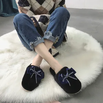 Interior Acasă, Femeie Papuci de Iarnă Pantofi de Cald Femeie Aluneca pe Apartamente Pufos Slide-uri de Femei Faux Blana Papuci de Deget de la picior Închis Catâri