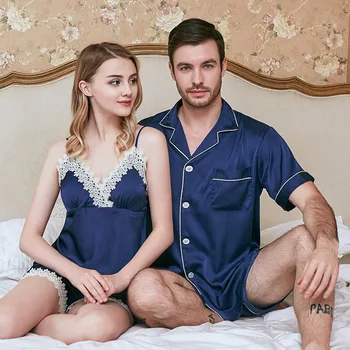Primăvara Și Vara Noi de Simulare de Mătase Pereche de Pijamale Doamnelor Curea de pantaloni Scurți pentru Bărbați Costum de Haine de Acasă Cupluri Pijamale