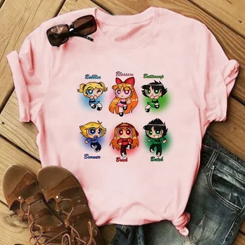 2020 Vara Noi Kawaii Roz Topuri Powerpuff Tricou Fetele Harajuku Amuzant de Desene animate Drăguț Imprimate T-shirt pentru Femei Îmbrăcăminte de Modă