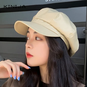 Toamna de sex Feminin Solid de Culoare din Piele Pu Octogonal Pălărie Sălbatice Britanic Retro Bereta Artist francez vânzător de ziare coreean Hip-hop Capac Elev
