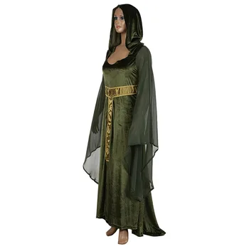 Renașterii Medievale Maxi Tren Rochie De Femei Adulte Halloween Diavol Păgâne Vrăjitoare Nunta Costum Cu Gluga Halat Rochie Pentru Femei Verzi