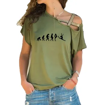 Evoluția de Gimnastica Petrecere Amuzant Tricou Tricou Femeie cu Maneci Scurte T-shirt Neregulate Oblic Cruce Bandaj de Sus Tees