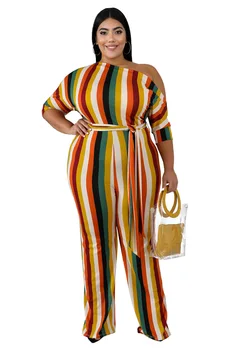 2020 Toamna Noua Femei Multicolor cu Dungi de Imprimare de Mari Dimensiuni Costume Lady ' Slash Gât Lace-up Jumătate Maneca Drept Salopetă