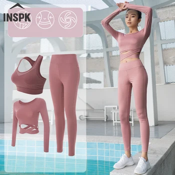 INSPK 3 Piese Sport Set pentru Femei,din Poliester fără Sudură Yoga Set,Roz-Negru Sport Poarte Femeile de Fitness,care Rulează Tricou+Sutien+Jambiere
