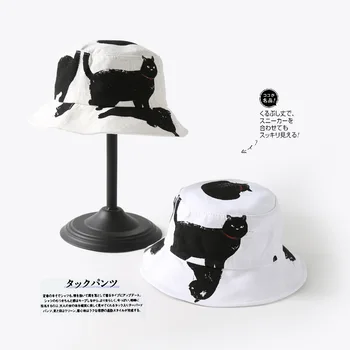 Tipărite pisică Neagră Găleată Pălărie Bărbați Femei Hip Hop Palarie Unisex Pescar Pălării panama Bumbac Strada Hip Hop de Pescuit Capac pălărie de Soare 2019