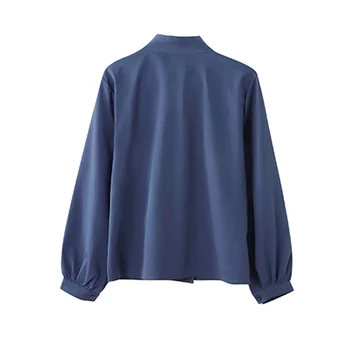 2021 Nou Stil de Top Albastru Stradă Maneca Lunga BLUSAS Arc V Guler Lady ' s Cămașă de Toamnă Single-breasted Șifon Bluza OL Stil 10693