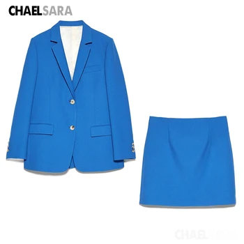 Birou Doamnă Fusta Costume Femei Elegante Blue Blazer Sacou +Fusta Mini Set De Două Piese