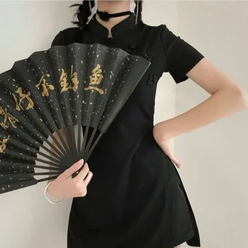QWEEK Negru Cheongsam Femei Rochie de Vara Noua Moda Chineză Sexy Bodycon Scurt Mânecă Rochie Mini Plus Dimensiune Rochii pentru Femei