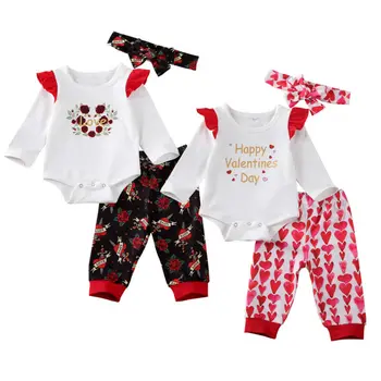 2020 Ziua Îndrăgostiților Copil Nou-născut Fete Florale Bodysuit Topuri+ Pantaloni +Bentita 3pcs Set Haine Haine