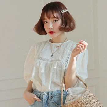 Bluza de vara Femei Dulce Scobite Pierde Tricoul Alb Manșon de Puf O-neck Top Simplu coreeană Stil Vintage 2020 Noua Moda