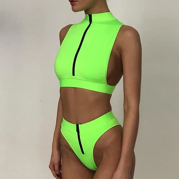 Noi Neon Verde Talie Mare Bikini 2020 Femei costume de Baie Femei Costume de baie Două Piese Bikini set Fermoar Scăldător Sport Costum de Înot