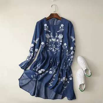 Florale Brodate Rochie Denim Femei Albastru O Gâtului Primăvară-Vară Maneca Lunga plisata rochie scurta casual Cămașă Nouă Rochie vestidos