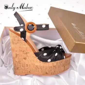 Onlymaker Femei Pană Platforma de Lemn cu Toc Sandale cu Buline Glezna Curea sandale Sandale Pentru Petrecere Casual Pantofi de Înaltă Calitate, 37