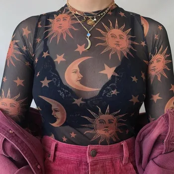 Sun Moon Tipărite Plasă Transparentă Sexy T-Shirt Femei O-Neck Maneca Lunga Slim Casual De Bază Feminin Topuri 2019 Primăvara Anului Nou