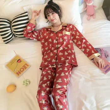Seturi de pijama cu Maneca Lunga pentru Femei Guler de Turn-down Raionul Alunecare Homewear Elegant de Cauzalitate Stil coreean 2pcs Femei Pijamale Simplu Chic