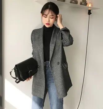 Plus Dimensiune Carouri coreean Sacouri Femei, Jachete cu Maneci Lungi Crestate Vintage, Casual, Haine de Moda 2019 Toamna Iarna de Cafea Gri