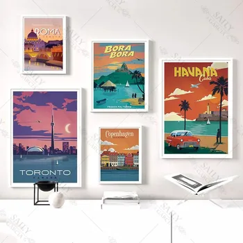 Nordic Panza Pictura Franța, Italia, Cuba Santorini Faimosul Oraș Poster Peisaj de Perete de Epocă Imagini de Artă pentru Living Decorul Camerei
