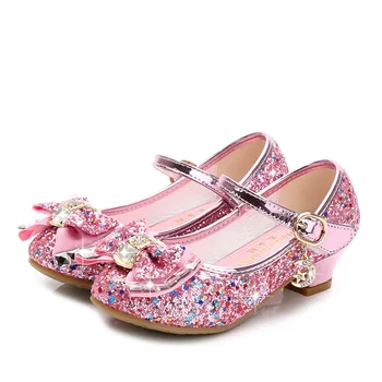 Toamna anului 2020 fata noua din piele pantofi cu tocuri înalte printesa pantofi cu Paiete superioară arc decor albastru, aur roz pantofi de dans pentru copii
