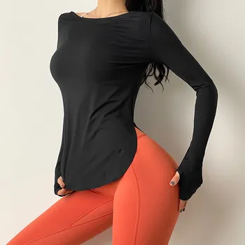 Femeile Side Split Sport Maneca Lunga Tricouri Buna Nailon Yoga T-shirt cu Uscare Rapida Vrac Sală de Fitness Topuri de Formare Sport