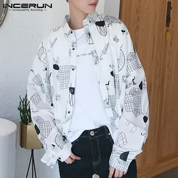 INCERUN Stil coreean de Imprimare Tricou Barbati Streetwear 2021 Rever Maneca Lunga Topuri Elegante Butonul Vrac Camisa Tricouri Casual S-5XL