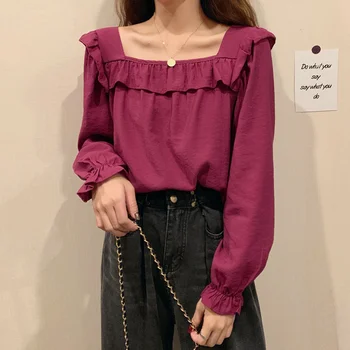 Volane Solid Bluza Femei Pătrat Guler Maneca Fluture Coreeană De Moda De Îmbrăcăminte Casual, De Birou De Sex Feminin Tricou Nou Toamna Anului 2020