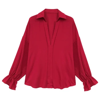 Primavara Toamna Roșu Bluze Camasi Office Cu Maneca Lunga Șifon Bluza Femei V Gât Topuri De Sex Feminin Doamnelor Uzura De Muncă 3 Culori