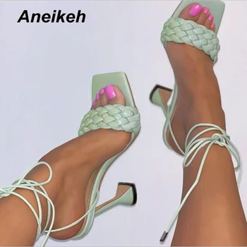 Aneikeh Sexy PU Eco-Legat Sandales de Vară 2021 NOI Peep Toe cu Toc Solid Moda Alunece Pe Tobogane Doamnelor Gladiator Pantofi de Partid