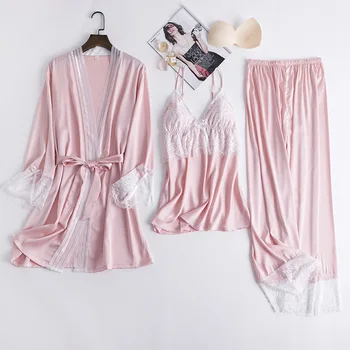 Fiklyc lenjerie 2020 pentru femei primavara 3 bucăți de satin & lace mozaic seturi de pijamale cu maneca lunga V-gât adânc sexy sleepwear