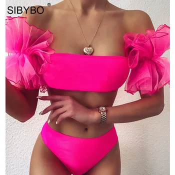 Sibybo Dublu Volane Sexy Set De Bikini Femei De Vara Fara Bretele Talie Mare De Costume De Baie 2020 Sex Feminin, Două Piese De Petrecere Pe Plaja Costume De Baie