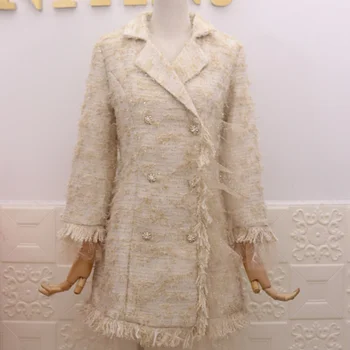 Abrigo de lana de tweed con doble botonadura de retales de malla epocă para mujer, Otoño Invierno