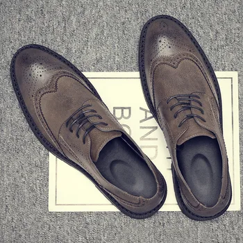 Manual Mens Wingtip Oxford Pantofi Gri din Piele Bocanc de Barbati Pantofi de costum de Afaceri Clasic Pantofi eleganți pentru Bărbați 56
